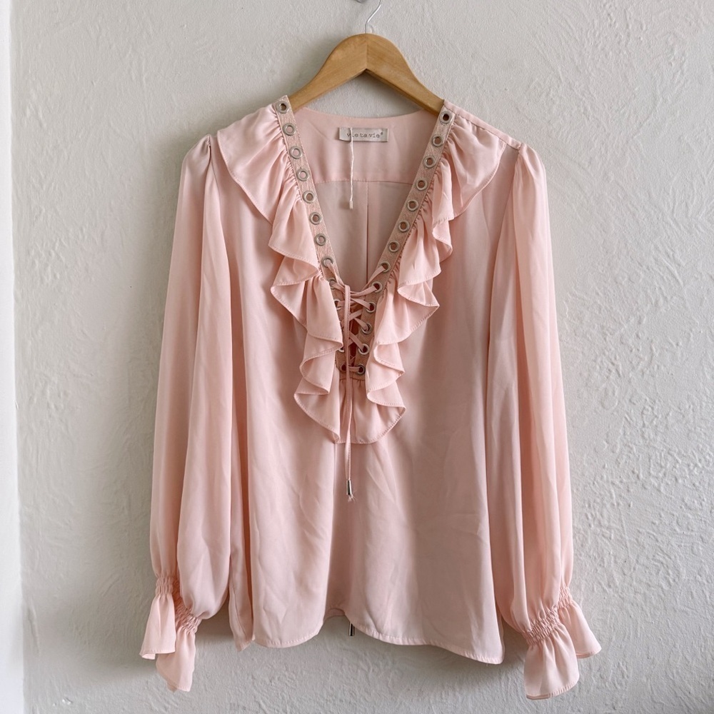 Blush Pink Ruffle Blouse With Grommet Lace-Up Front Size 8